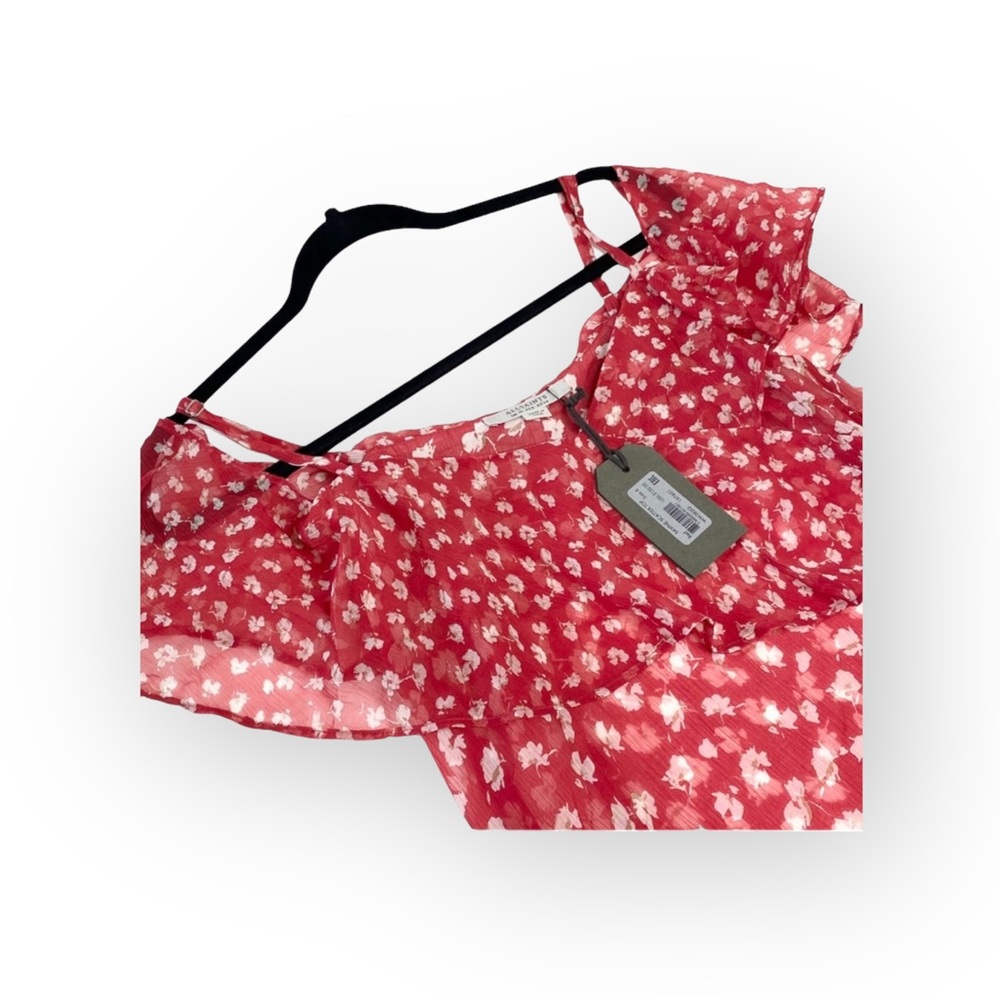 new Allsaints ꕥ Off Shoulder Ruffled Silk Floral Print Top ꕥ Red ꕥ Wear 2 Ways - Picture 5 of 16